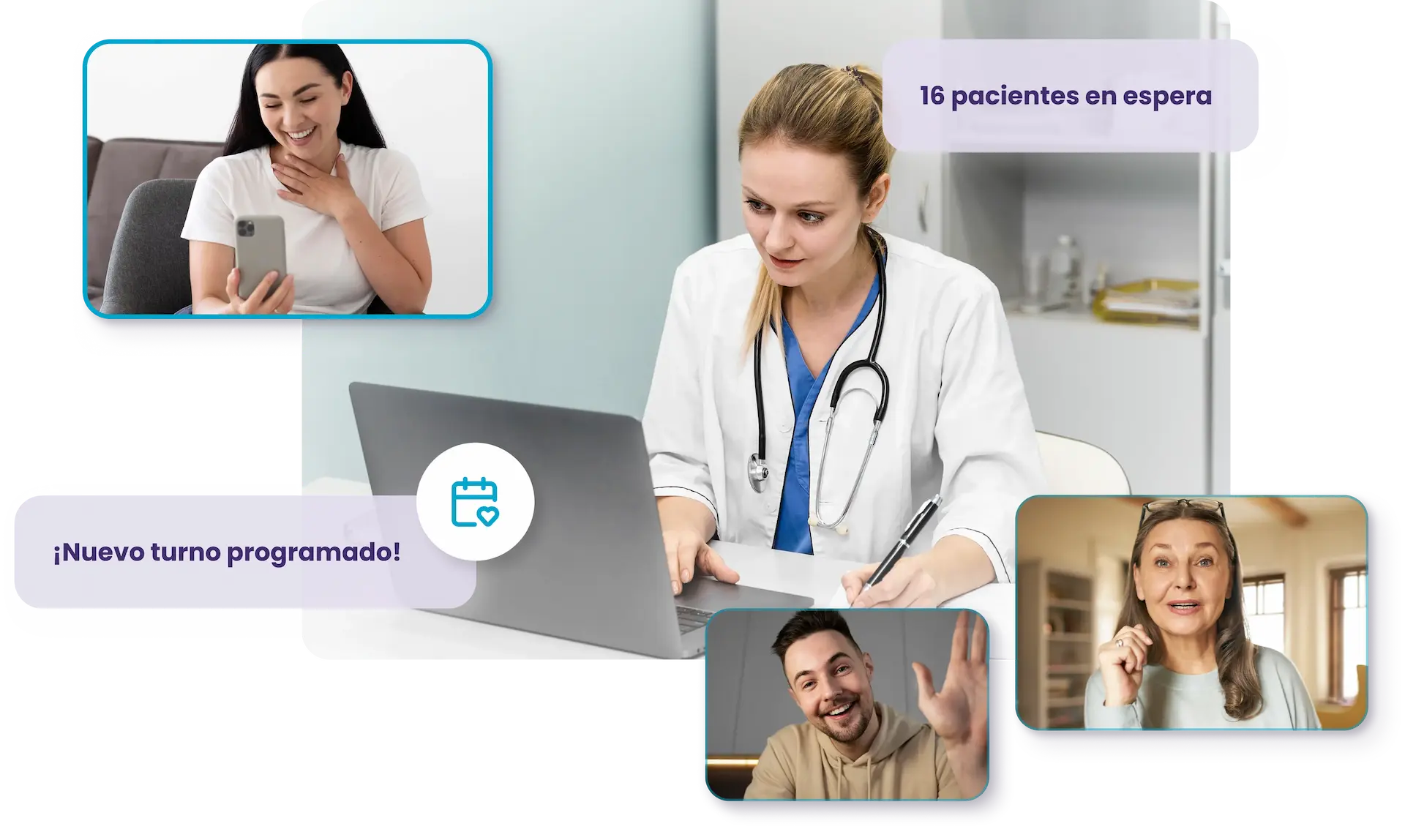 Doctora atendiendo pacientes online con videollamadas y notificaciones del sistema